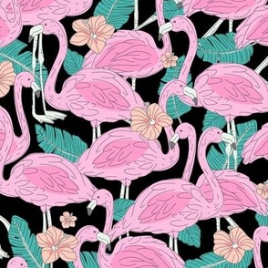 Freehand flamingo jungle - summer tropical flamingos and island vibes frangipani flowers and banana leaves pink blush teal on black