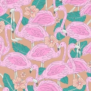 Freehand flamingo jungle - summer tropical flamingos and island vibes frangipani flowers and banana leaves pink teal blush on caramel orange vintage palette