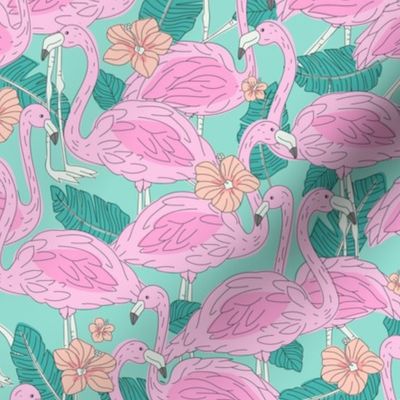 Freehand flamingo jungle - summer tropical flamingos and island vibes frangipani flowers and banana leaves pink teal blue blush