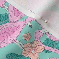 Freehand flamingo jungle - summer tropical flamingos and island vibes frangipani flowers and banana leaves pink teal blue blush