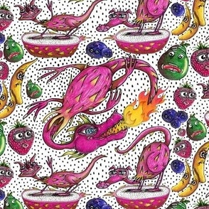tropical dragon fruit, medium large scale, colorful bright colors black and white red orange yellow green blue indigo violet hot pink fuchsia magenta banana avocado blueberry strawberry kitchen quirky hand drawn foodies fire