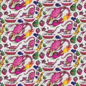 tropical dragon fruit, small scale, colorful bright colors black and white red orange yellow green blue indigo violet hot pink fuchsia magenta banana avocado blueberry strawberry kitchen quirky hand drawn foodies fire