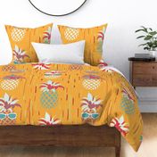 Funny Pineapples with glasses on orange yellow  - large scale