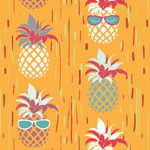 Funny Pineapples with glasses on orange yellow  - medium scale