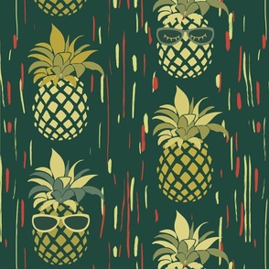 Funny Pineapples with glasses on dark green  - medium scale