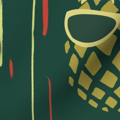 Funny Pineapples with glasses on dark green  - large scale