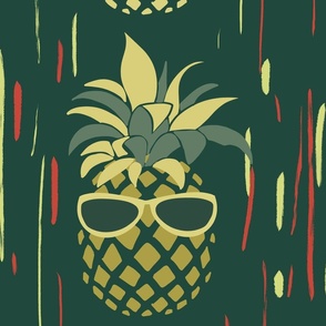 Funny Pineapples with glasses on dark green  - large scale