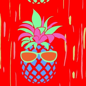 Funny Pineapples with glasses on  blaze neon red background  - large scale