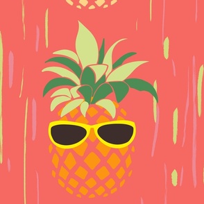 Funny Pineapples with glasses on  coral / pink background  - large scale