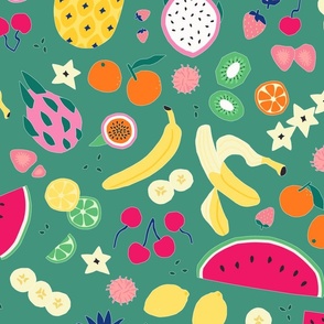Paper Cutout Tropical Fruits, exotic fruits, emerald background, Large