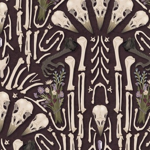 Corvid bones art deco - whimsical abstract geometric with skulls and bones, raven claw, dried flowers - plum - extra large