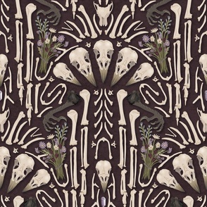 Corvid bones art deco - whimsical abstract geometric with skulls and bones, raven claw, dried flowers - plum - large