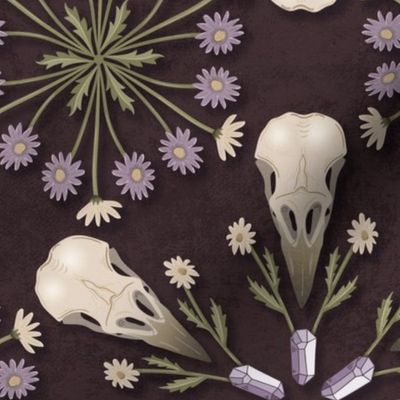 Corvid bones mandala - whimsical abstract geometric with crow's skulls, crystals and dried flowers - plum - large