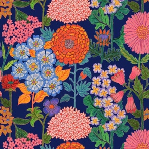 Large Groovy Retro Florals on navy blue