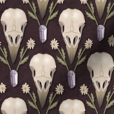 Raven Skull and flowers - whimsical goth damask with crow's skulls, crystals and dried flowers - plum - medium