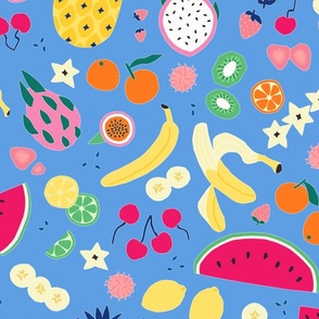 Paper Cutout Tropical Fruits, exotic fruits, blue background, Large