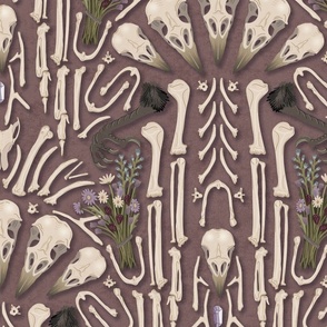 Corvid bones art deco - whimsical abstract geometric with skulls and bones, raven claw, dried flowers - dusty rose - extra large