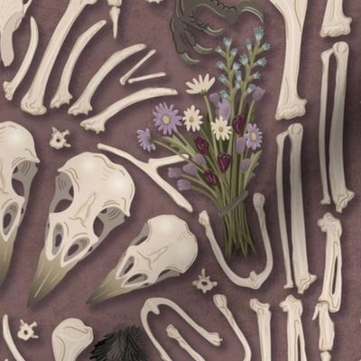 Corvid bones art deco - whimsical abstract geometric with skulls and bones, raven claw, dried flowers - dusty rose - large