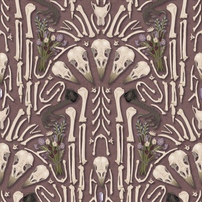 Corvid bones art deco - whimsical abstract geometric with skulls and bones, raven claw, dried flowers - dusty rose - large