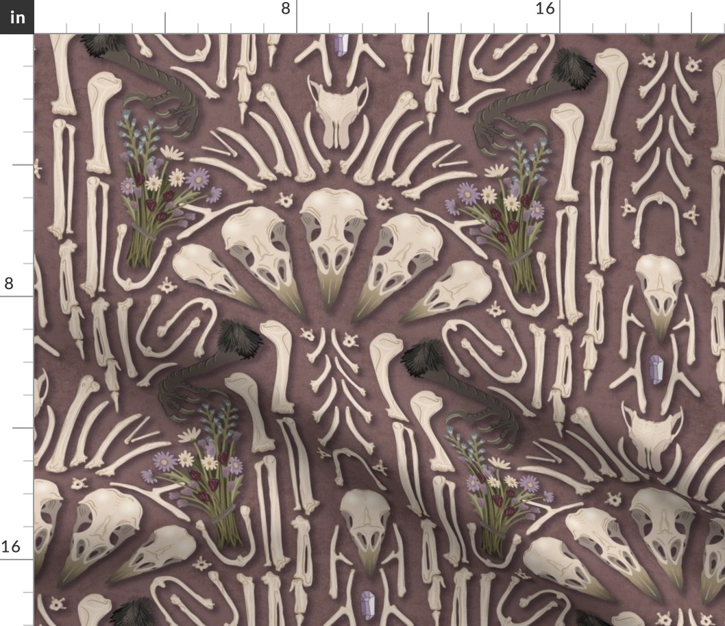 Corvid bones art deco - whimsical abstract geometric with skulls and bones, raven claw, dried flowers - dusty rose - large