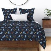 Whimsical Birds and Flowers on a Navy Blue Background