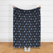 Whimsical Birds and Flowers on a Navy Blue Background