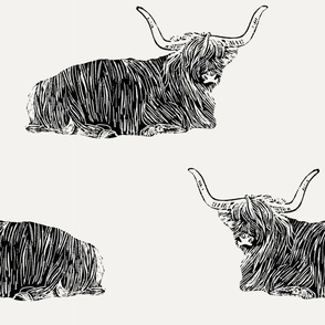 Scottish highland cow block print black and white - large scale