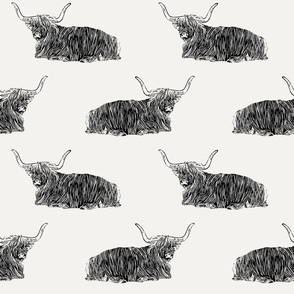 Scottish highland cow block print black and white - medium scale