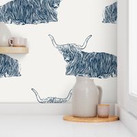 Scottish highland cow block print blue and white - large scale