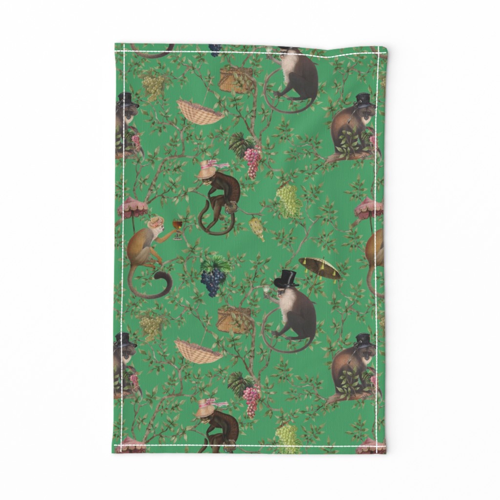 nostalgic  Monkeys Garden Party - Antique dark moody floral Chinoiserie with drunk monkeys  Bouncy Ball Green- Marie Antoinette Chinoiserie inspired