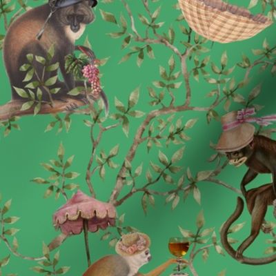 nostalgic  Monkeys Garden Party - Antique dark moody floral Chinoiserie with drunk monkeys  Bouncy Ball Green- Marie Antoinette Chinoiserie inspired