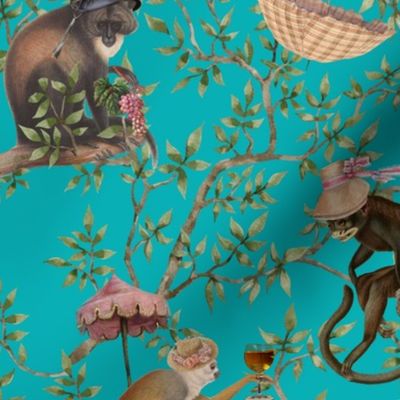 nostalgic  Monkeys Garden Party - Antique dark moody floral Chinoiserie with drunk monkeys DarkTurquoise- Marie Antoinette Chinoiserie inspired