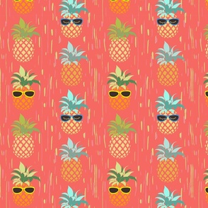 Funny Pineapples with glasses on  coral / pink background  - small scale