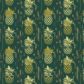 Funny Pineapples with glasses on dark green  - small scale