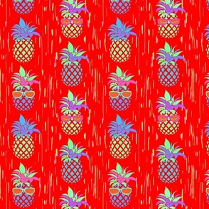 Funny Pineapples with glasses on  blaze neon red background  - small scale