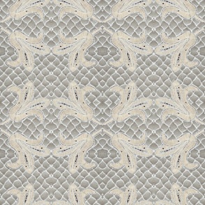 Vintage Hand drawn French lace motifs on hand crocheted lace background above marble 18” repeat On grey and cream