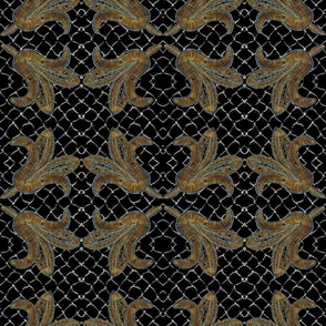 Vintage Hand drawn French lace motifs on hand crocheted lace background above marble 18” repeat On deep midnight black with orange and cream  texture