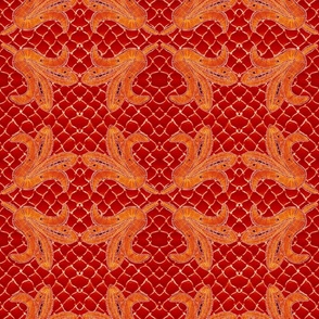 Vintage Hand drawn French lace motifs on hand crocheted lace background above marble 18”repeat Ondeep red and burnt orange texture