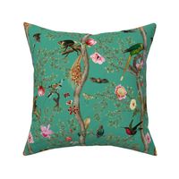 Antique Rococo Chinoiserie Tropical Flower Trees With  Vintage Animals Parrot Birds And Nostalgic  Monkeys - Marie Antoinette Chinoiserie inspired -Dioptase Green 
