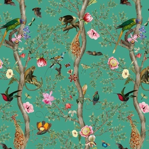 Antique Rococo Chinoiserie Tropical Flower Trees With  Vintage Animals Parrot Birds And Nostalgic  Monkeys - Marie Antoinette Chinoiserie inspired -Dioptase Green 