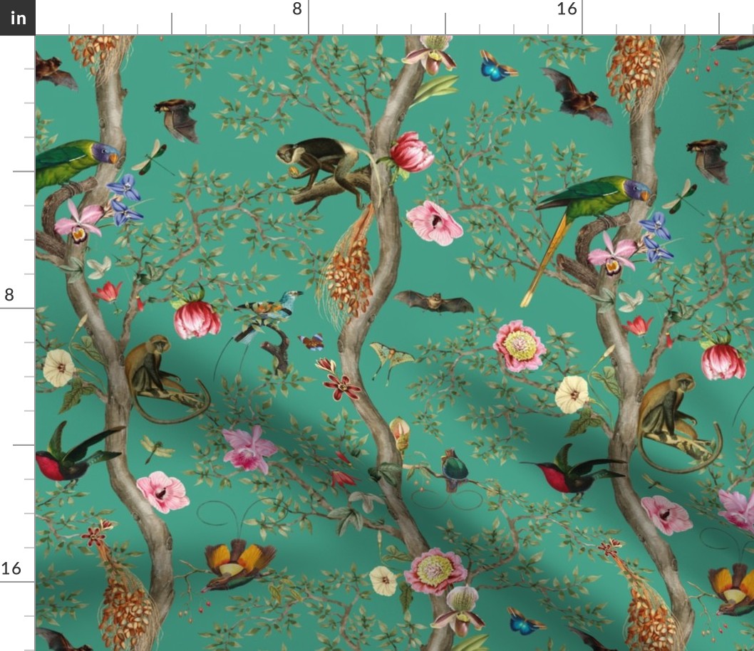 Antique Rococo Chinoiserie Tropical Flower Trees With  Vintage Animals Parrot Birds And Nostalgic  Monkeys - Marie Antoinette Chinoiserie inspired -Dioptase Green 