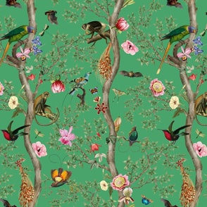 Antique Rococo Chinoiserie Tropical Flower Trees With  Vintage Animals Parrot Birds And Nostalgic  Monkeys - Marie Antoinette Chinoiserie inspired -Bouncy Ball Green