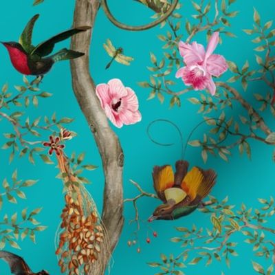 Antique Rococo Chinoiserie Tropical Flower Trees With  Vintage Animals Parrot Birds And Nostalgic  Monkeys - Marie Antoinette Chinoiserie inspired -DarkTurquoise Jade Gravel