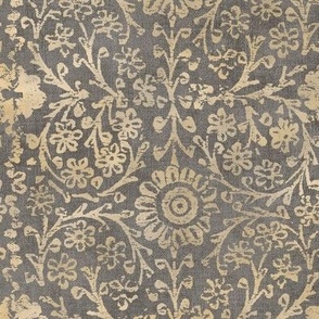 Indian Woodblock in Gold and Taupe (xl scale) | Vintage gold print on faded taupe linen texture, rustic block print, hand printed pattern in neutral gray brown and gold.