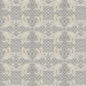 Hand drawn French lace motifs on hand crocheted lace background above marble 6” repeat On grey and cream