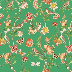 Antiqued Bird And Butterflies Chinoiserie - 18th century reconstructed hand painted lush garden  - Marie Antoinette Chinoiserie inspired -Bouncy Ball Green 