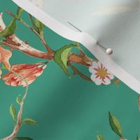 Antiqued Bird And Butterflies Chinoiserie - 18th century reconstructed hand painted lush garden  - Marie Antoinette Chinoiserie inspired -Dioptase Green 