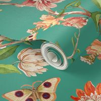Antiqued Bird And Butterflies Chinoiserie - 18th century reconstructed hand painted lush garden  - Marie Antoinette Chinoiserie inspired -Dioptase Green 