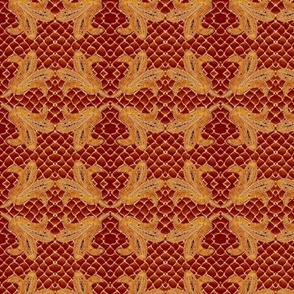 Vintage Hand drawn French lace motifs on hand crocheted lace background above marble 6” repeat On deep velvet red with orange texture