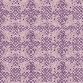 Vintage Hand drawn French lace motifs on hand crocheted lace background above marble 6” repeat On periwinkle violet and cream  texture